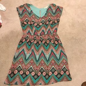 Printed aqua and pink short sleeved dress